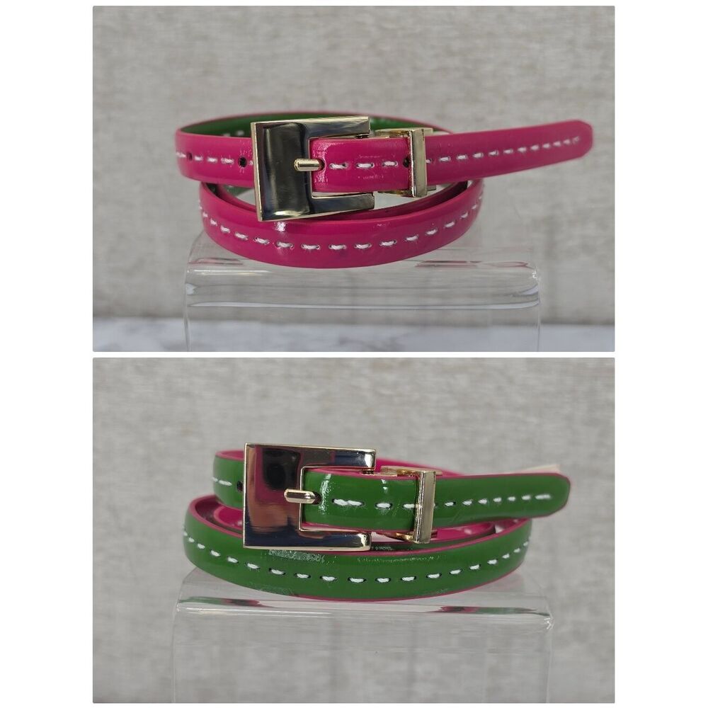 Talbots Reversible Green Pink Patent Leather Women's Skinny Belt Gold Buckle